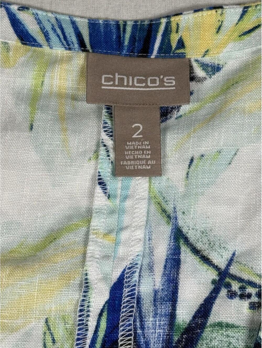 Chico's Cardigan‎ Sz 3 Women XL Blue White 100% Linen Open Front Roll Up Sleeve - Picture 5 of 11